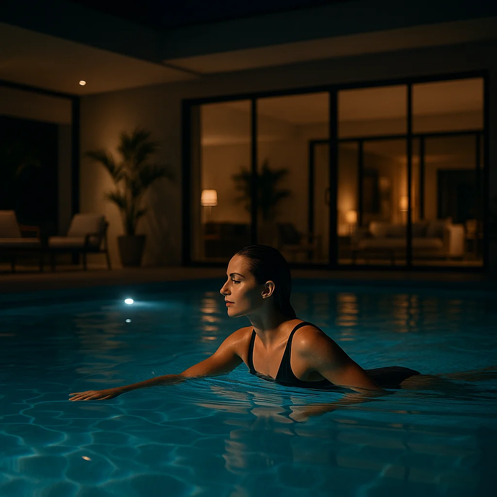 Woman relaxing in pool at night